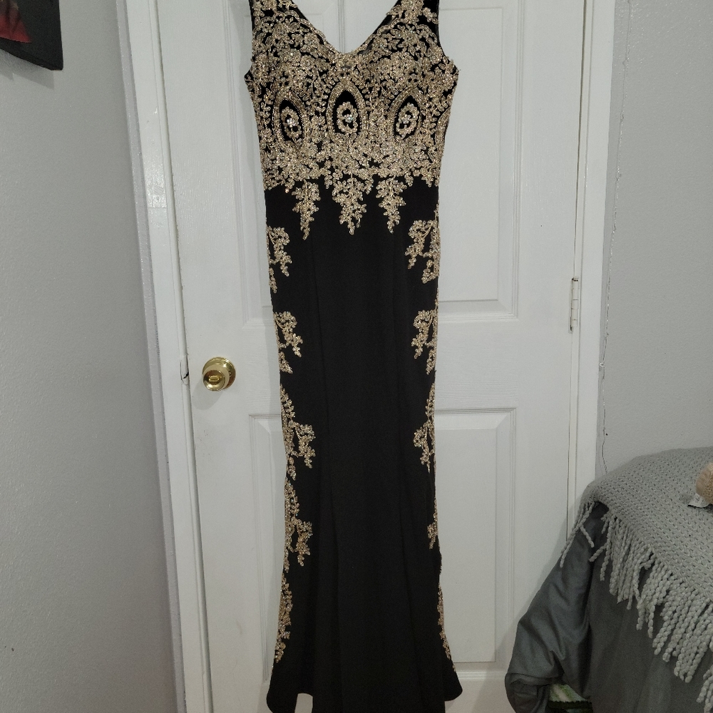 Black long dress with gold beaded detailing